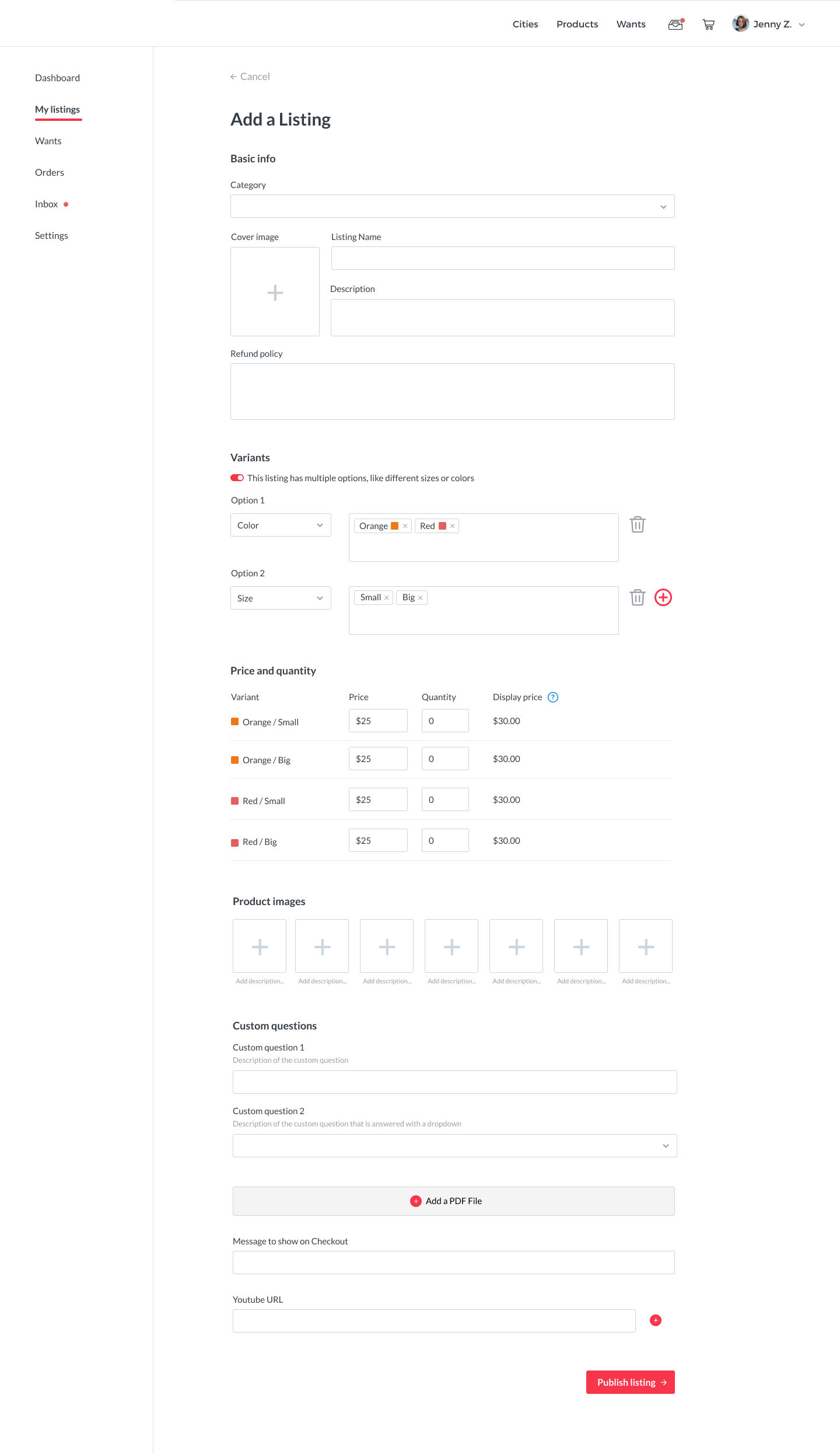 MMB - Create listing - Basic info - Variants